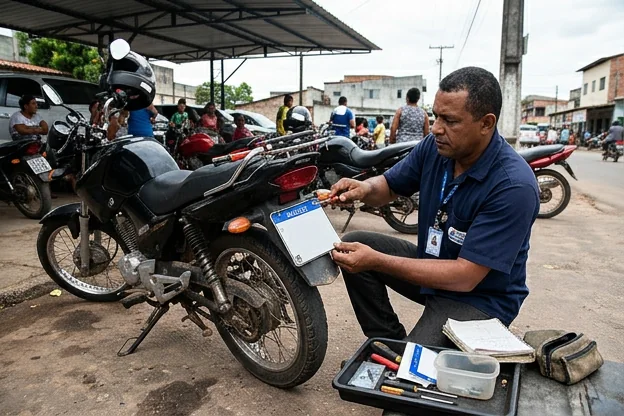 Despachante realizando o emplacamento de um veículo em Abaetetuba.